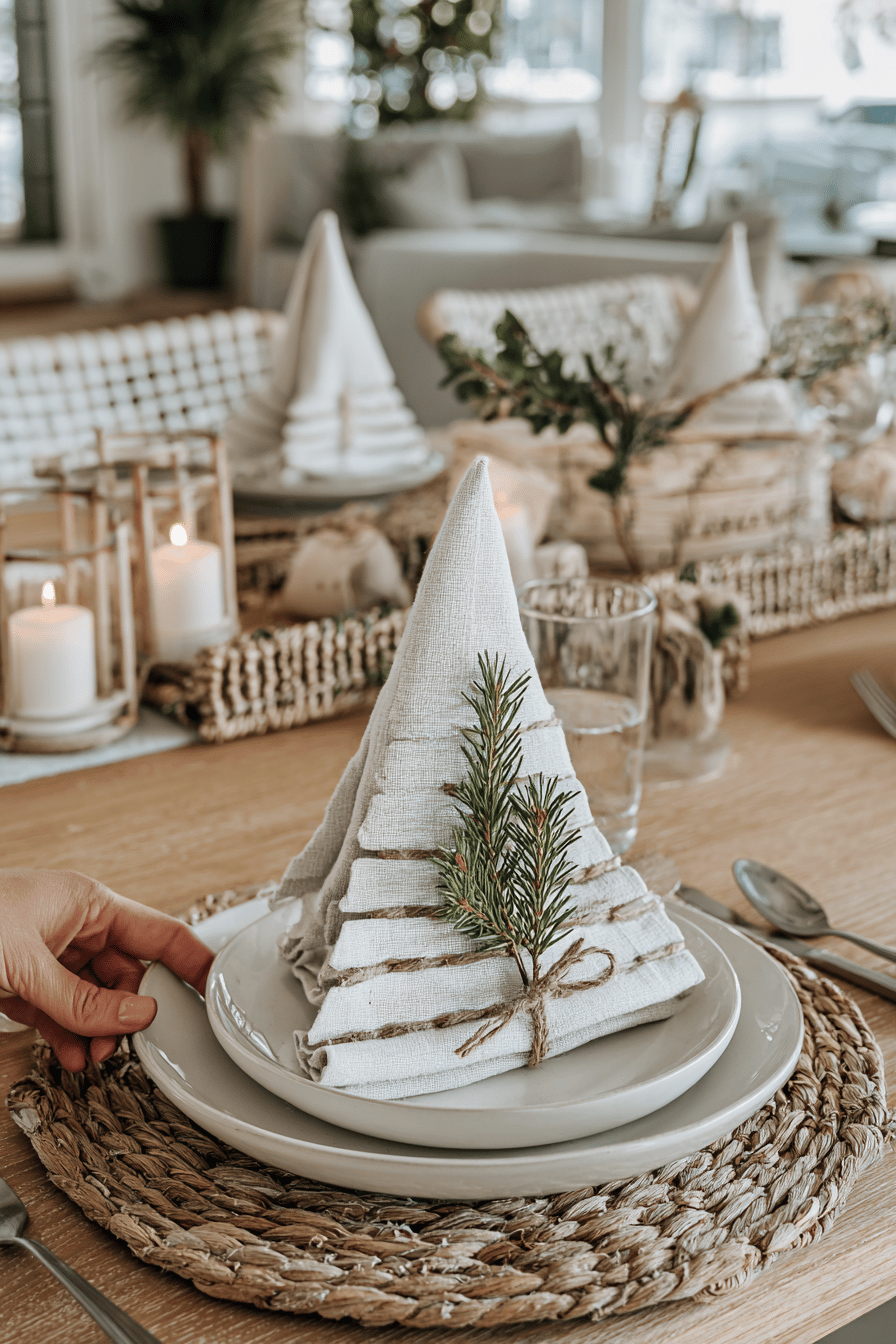 Serviette kunstvoll in Form eines Tannenbaums gefaltet, dekoriert mit einem Zweig, auf einem gedeckten Tisch.