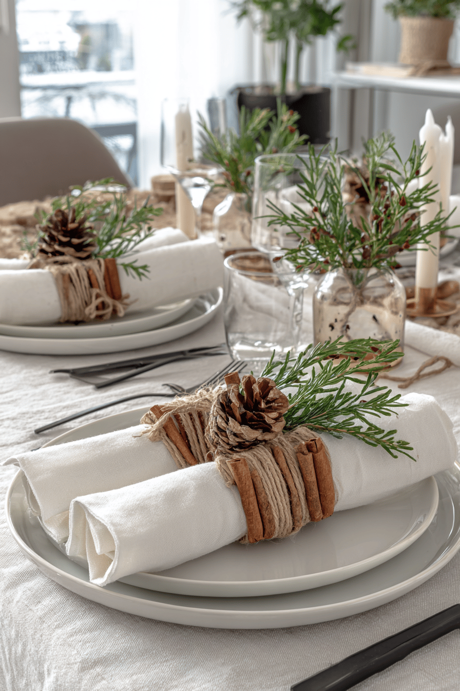 Weihnachtlich gedeckter Tisch mit Serviettenringen aus natürlichen Materialien wie Tannenzapfen und Zimtstangen.