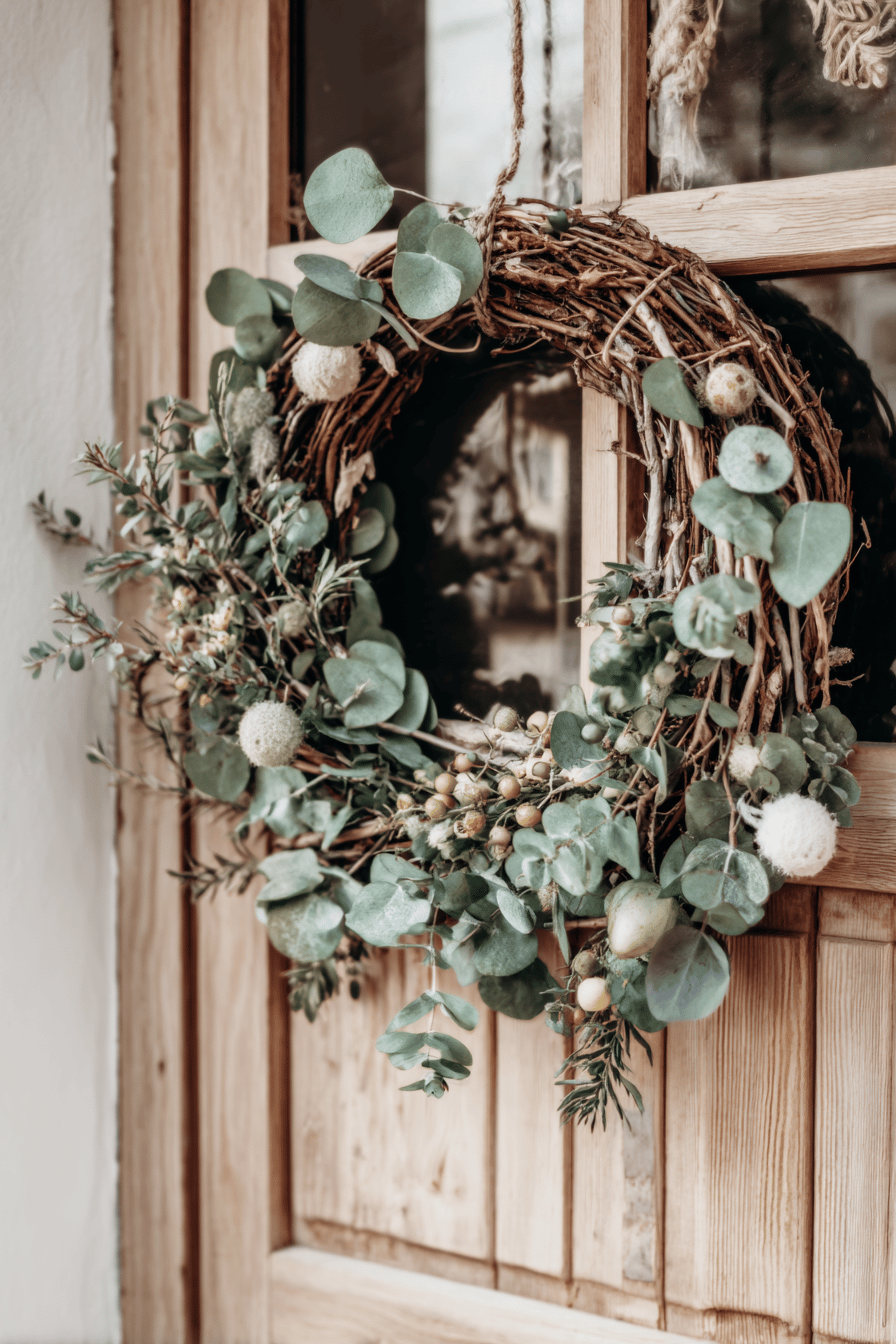 Ein Weihnachtstürkranz aus Eukalyptus und Zweigen dekoriert eine Holztür.