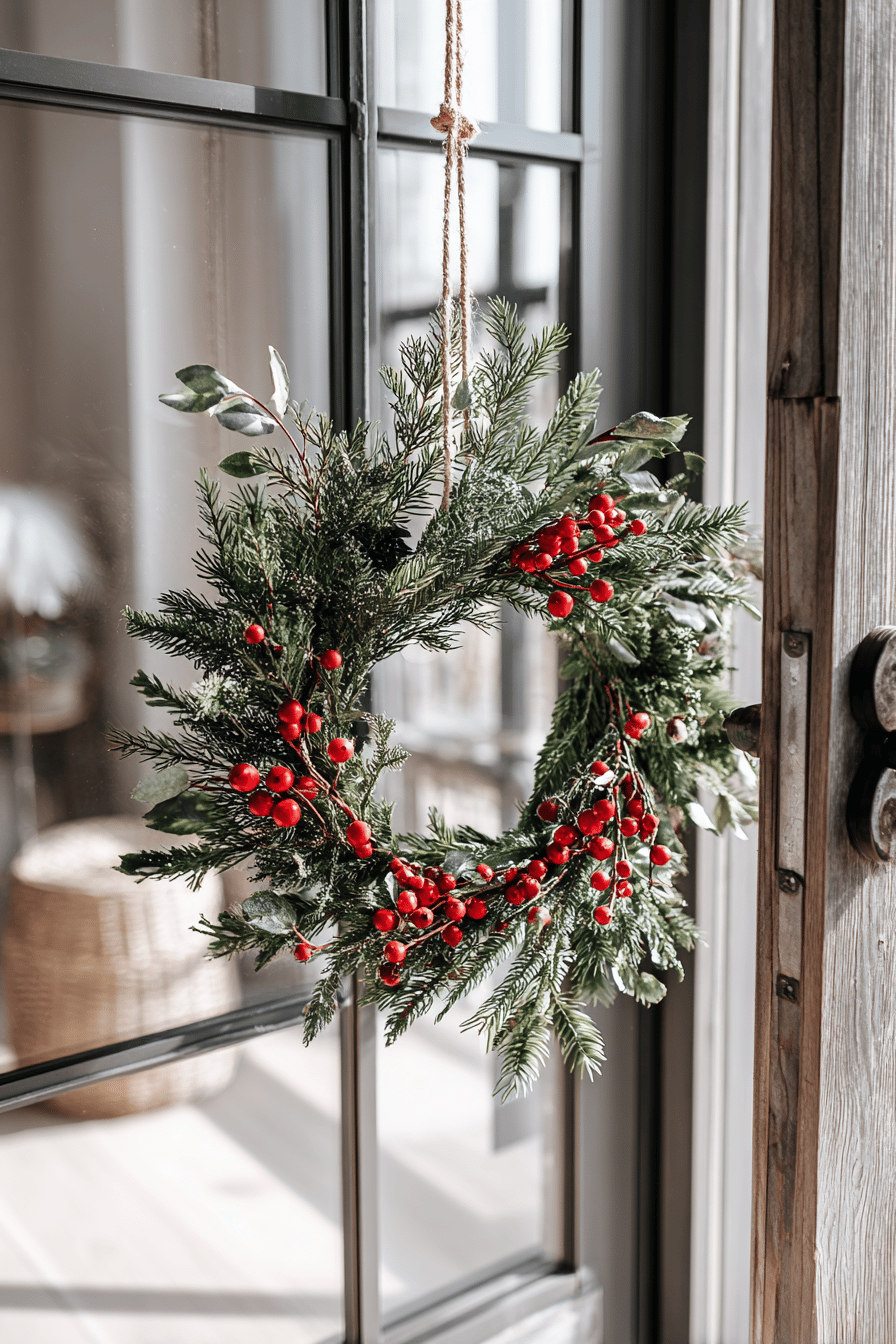 Türkranz aus frischen Tannenzweigen mit roten Beeren an einer Tür.