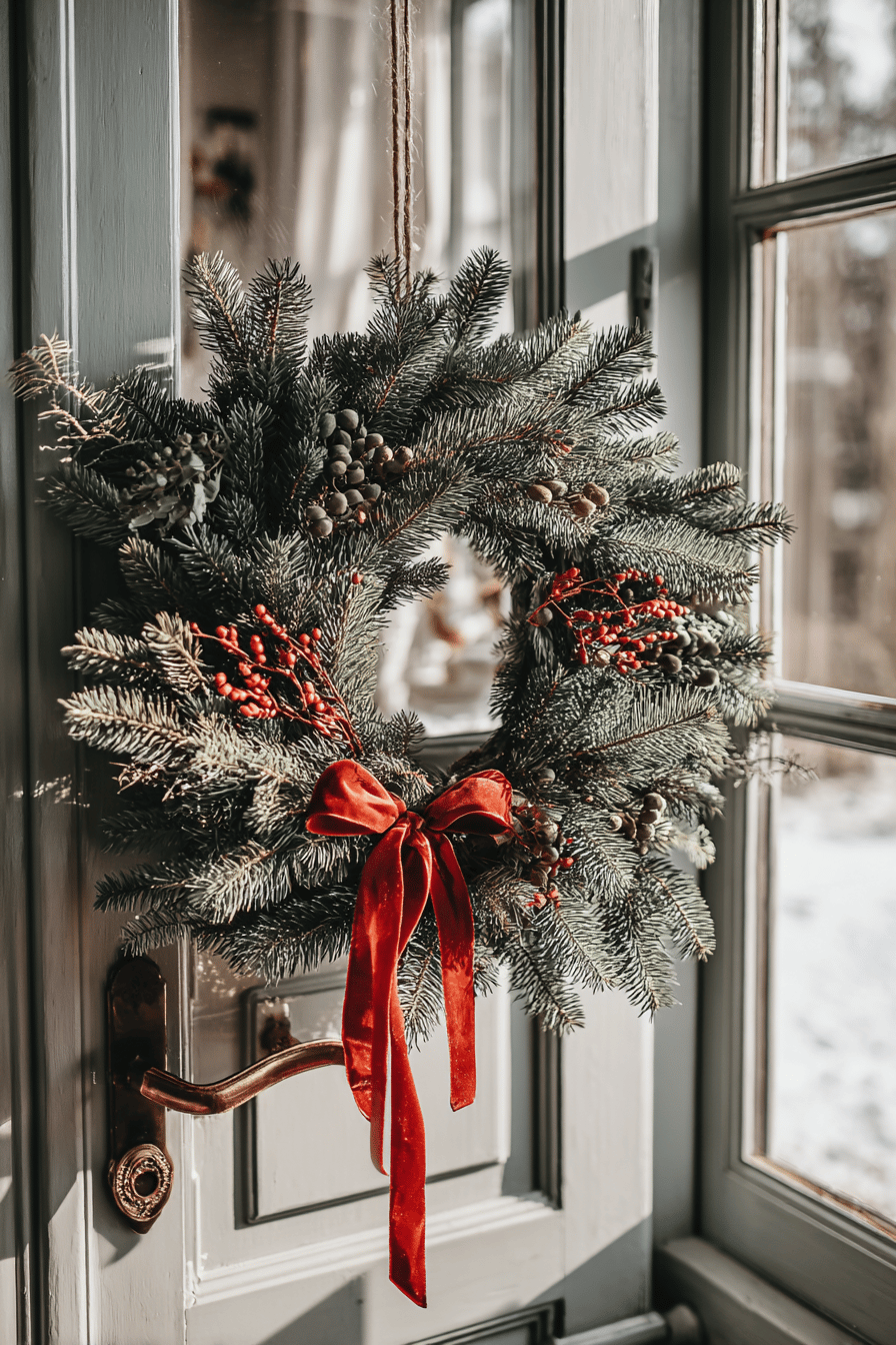 Ein klassischer Weihnachtskranz mit Tannenzweigen und roten Schleifen an einer Tür.
