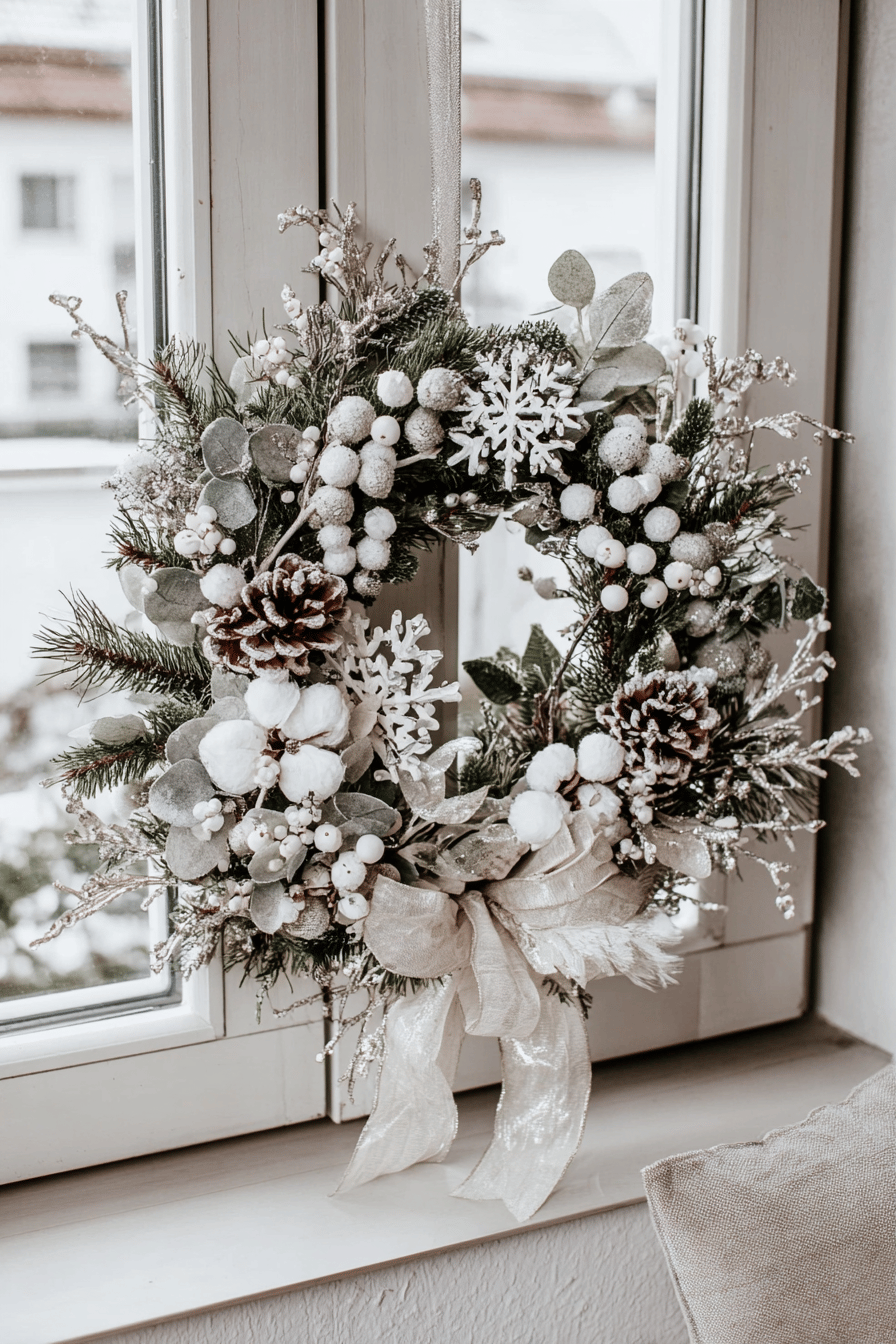 Ein eleganter Weihnachtskranz in Silber-Weiß mit Tannenzapfen, Schneeflocken und einer großen Schleife, aufgehängt vor einem Fenster.