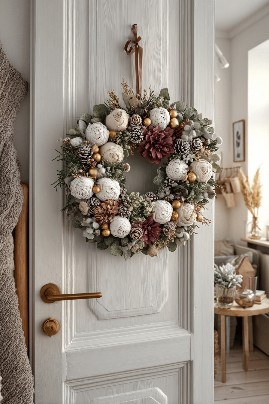 Ein weihnachtlicher Türkranz mit Stoffblüten und Vintage-Charme hängt an einer weißen Tür.