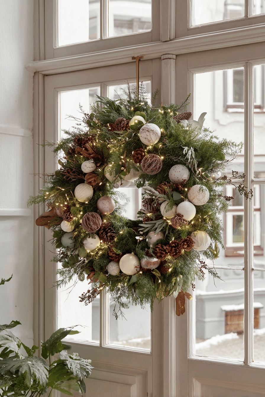 Ein großer, festlicher Weihnachtstürkranz hängt an einer Glastür, geschmückt mit grünen Zweigen, Tannenzapfen und goldenen Kugeln.