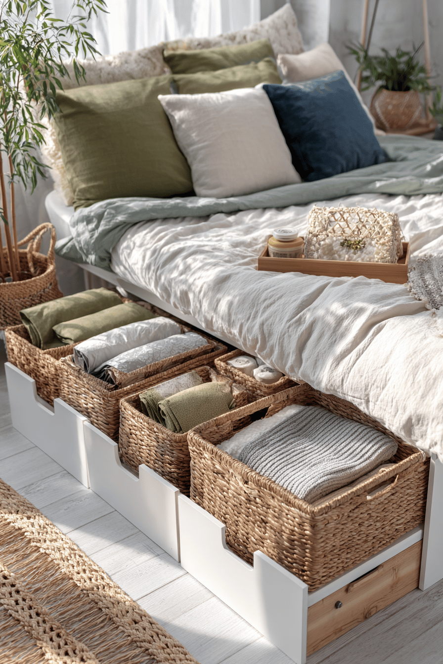 Bett mit Körben als Unterbett-Aufbewahrungslösung in einem gemütlichen Zimmer.