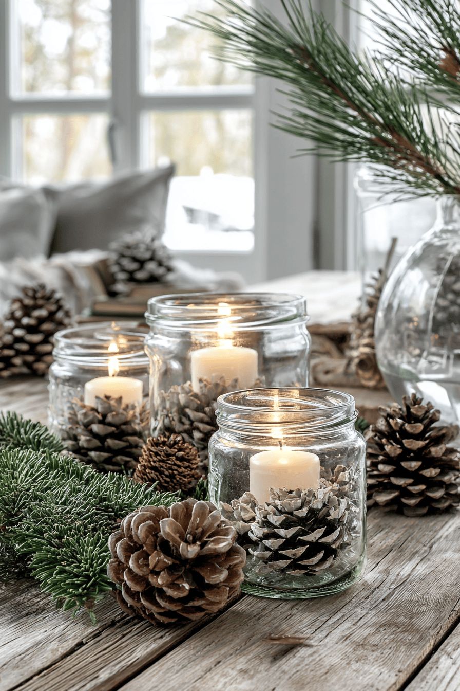 Ein gemütliches Arrangement aus Teelichtern in alten Gläsern mit Tannenzapfen und Zweigen auf einem Tisch.