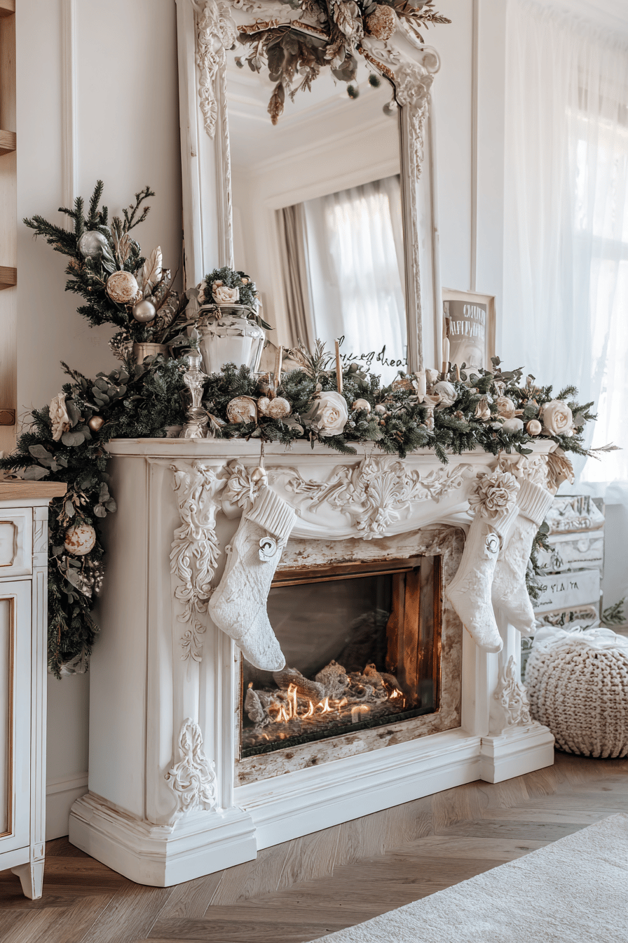 Ein viktorianisch dekorierter Kamin mit eleganten Weihnachtsverzierungen.