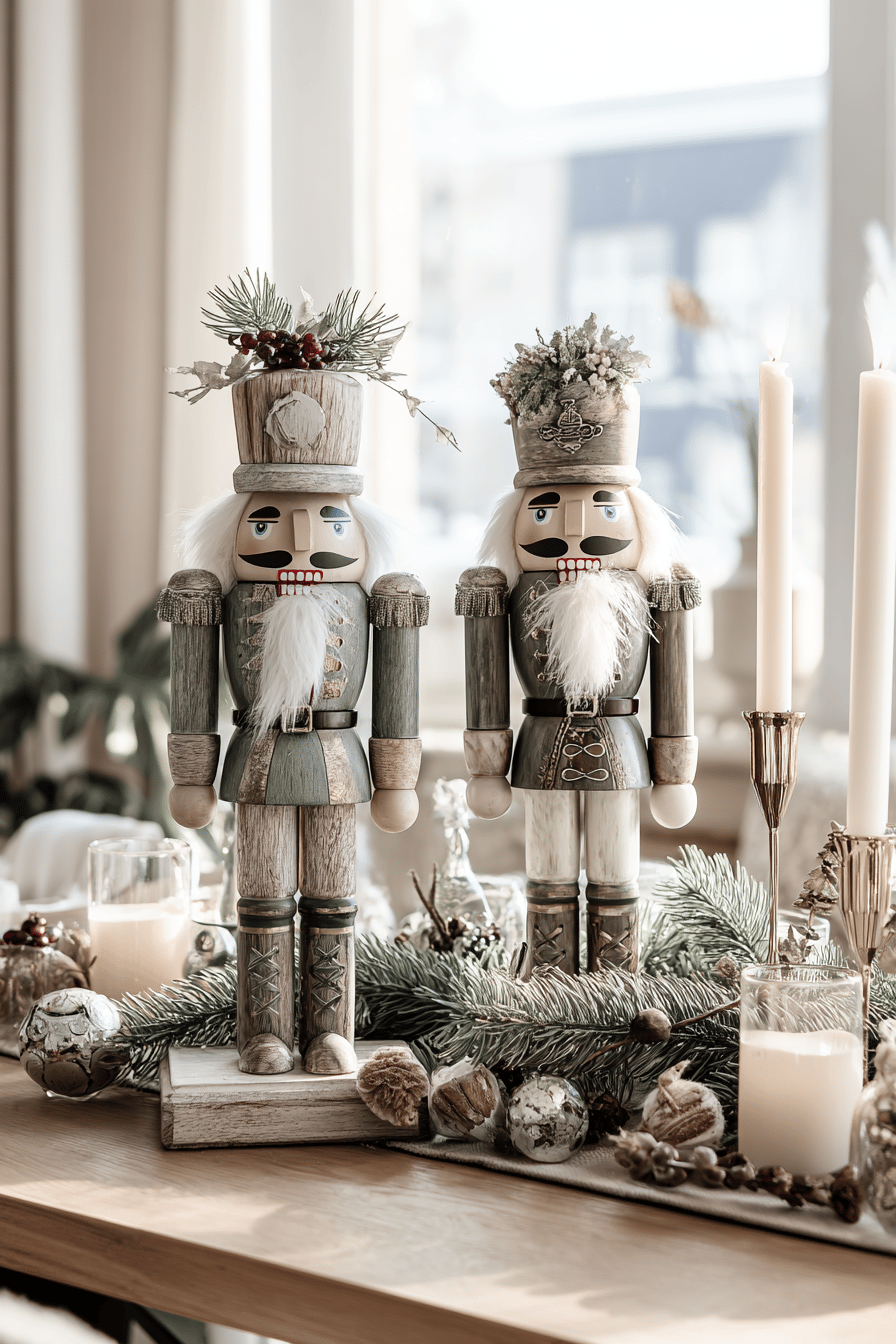 Zwei Vintage-Nussknacker mit dekorierten Hüten neben eleganten Kerzenständern auf einem Tisch.