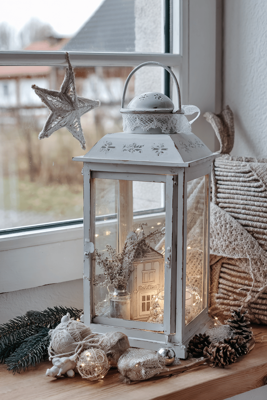 Eine Vintage-Laterne gefüllt mit Lichterketten steht auf einer Fensterbank, umgeben von Tannenzapfen und winterlichen Dekorationen.
