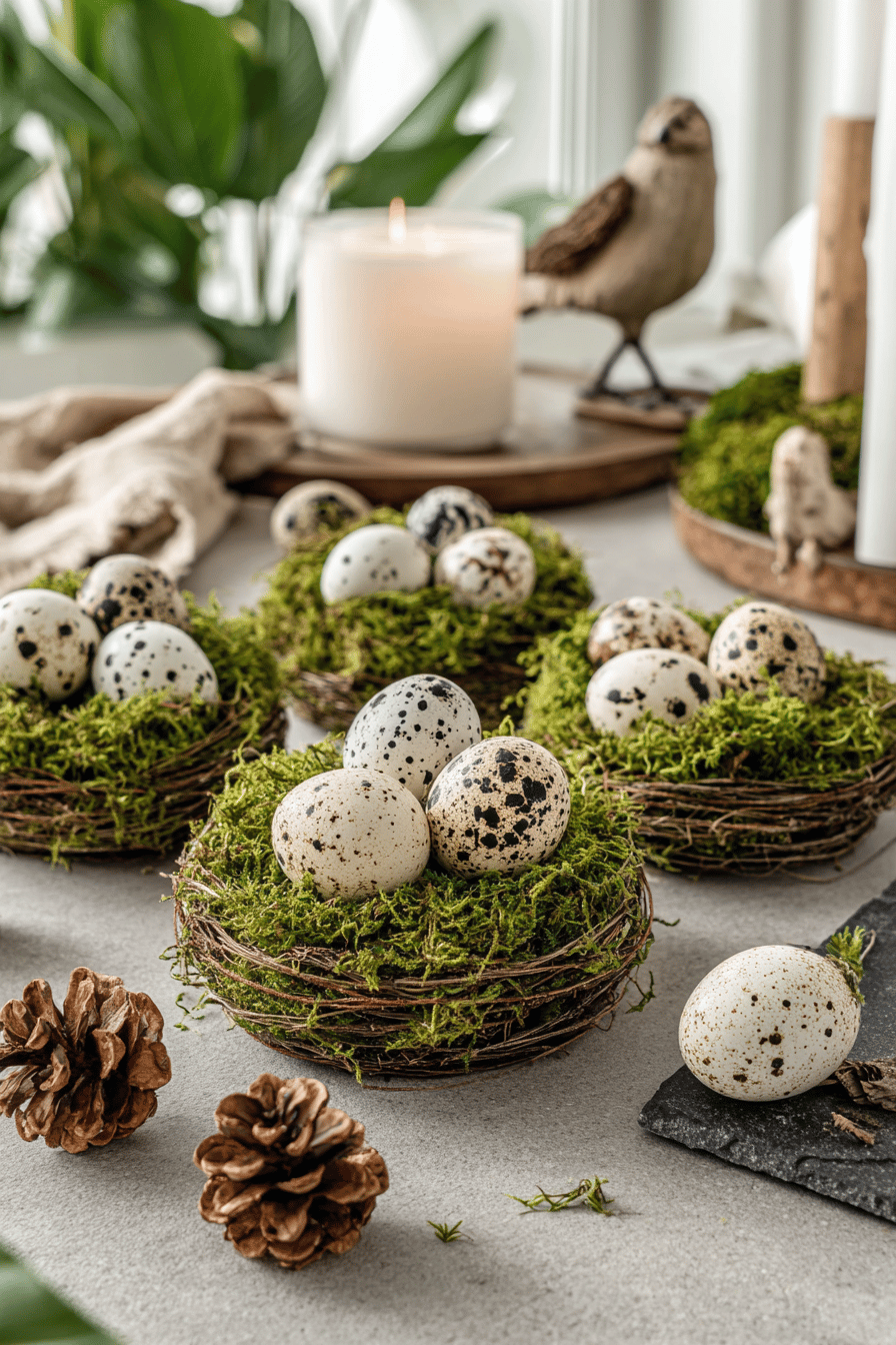 Wachteleier arrangiert in kleinen Moos-Nestern mit Tannenzapfen und Kerze im Hintergrund.