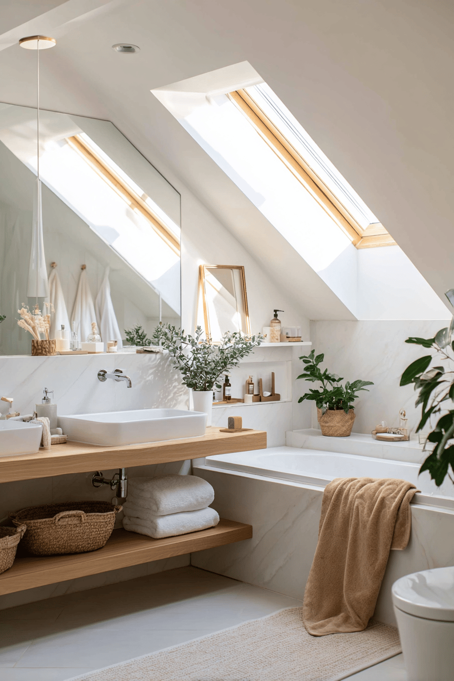 Helles Badezimmer mit Dachschräge, Wandarmatur, Holzdetails und Pflanzen