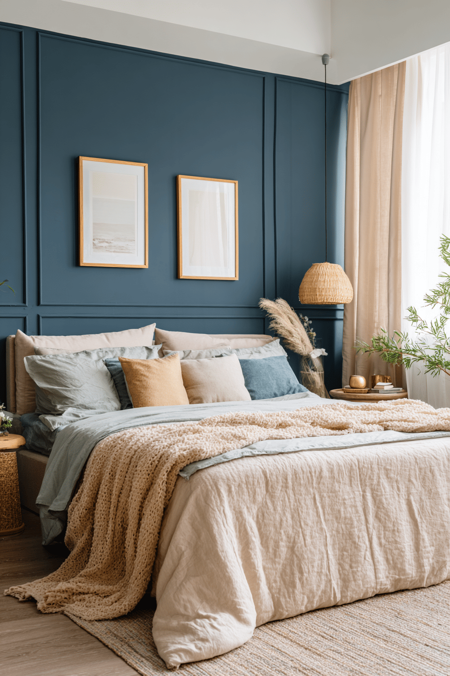 Gemütliches Schlafzimmer mit beiger Bettwäsche und Wandbildern auf dunkelblauer Wand
