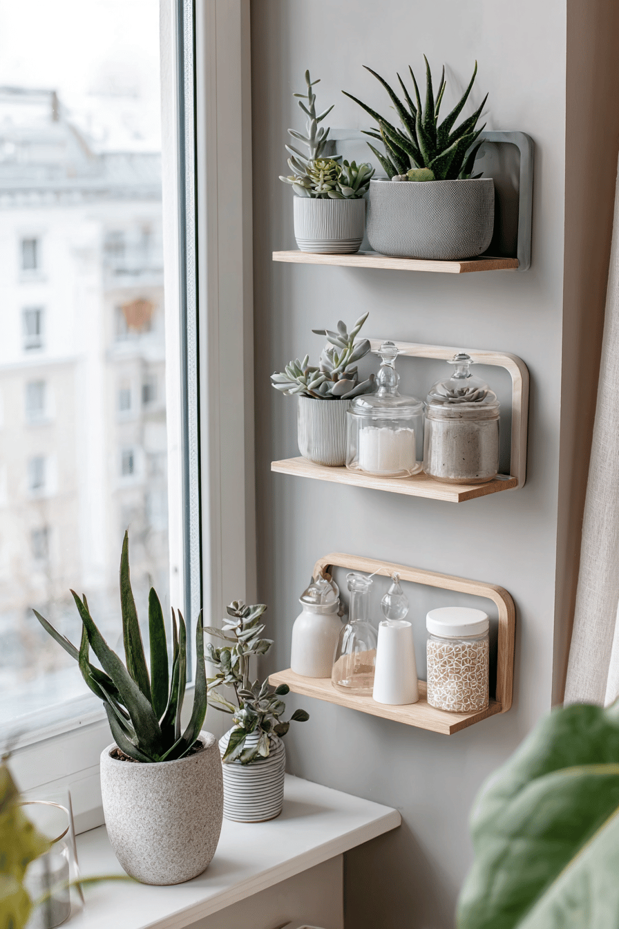 Kleine Wandregale mit Pflanzen und Gläsern neben einem Fenster.