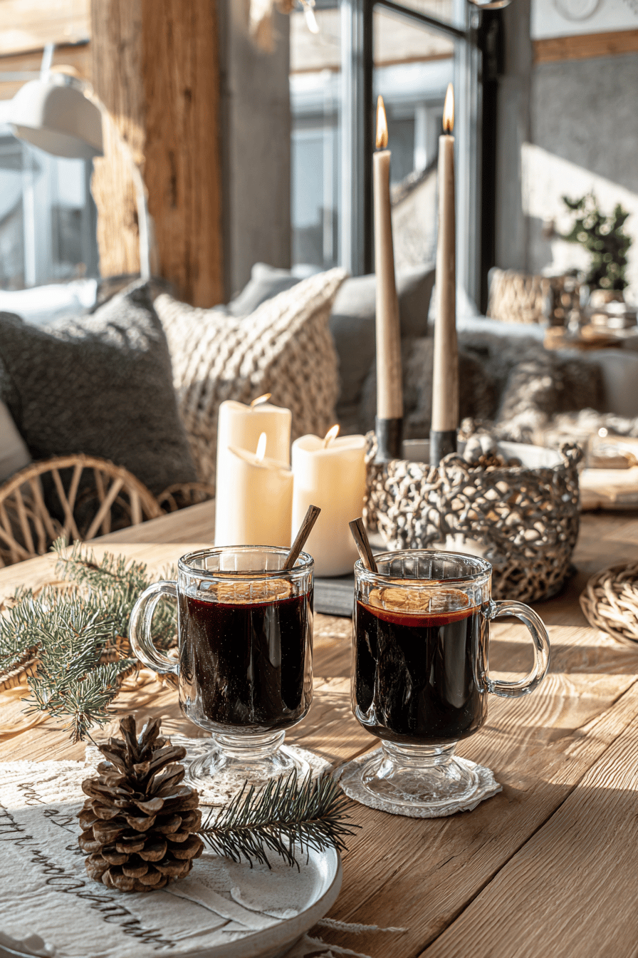Ein gemütlicher Tisch mit Glühwein, Kerzen und Tannenzweigen in einem hyggeligen Raum.
