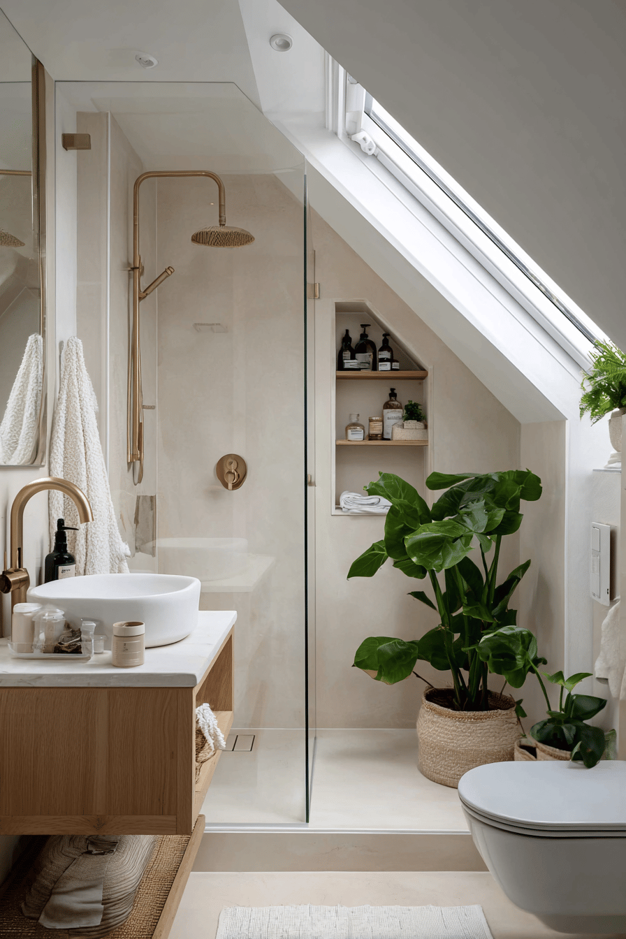 Helles, modernes Badezimmer mit Waschbecken unter einem Dachfenster