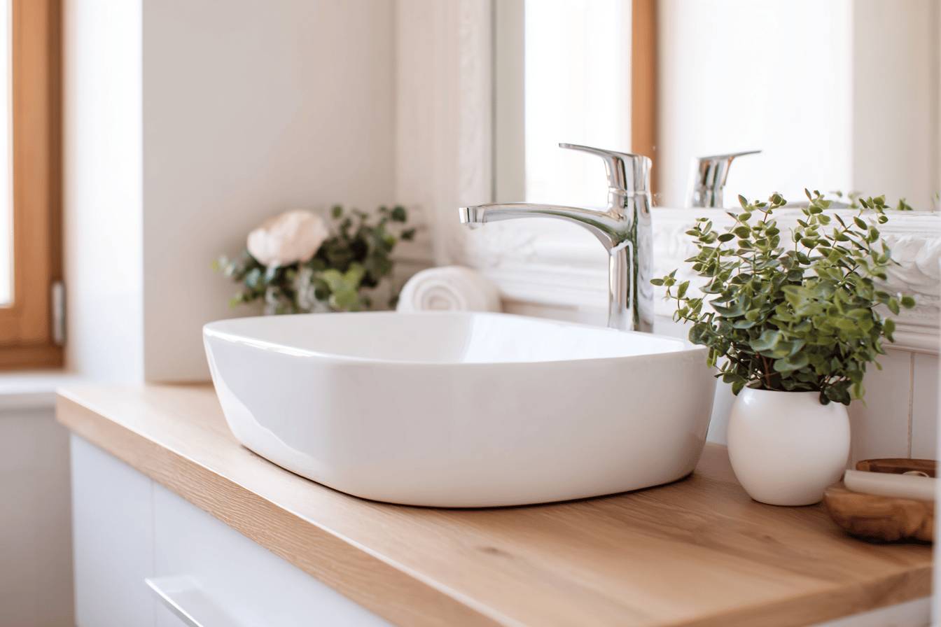 Modernes Waschbecken mit Holzplatte und Pflanzen im skandinavischen Stil