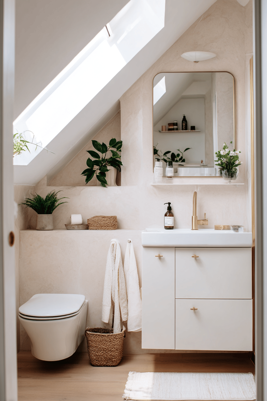 Helles Badezimmer mit Dachschräge, maßgefertigtem Waschbeckenunterschrank und Pflanzen