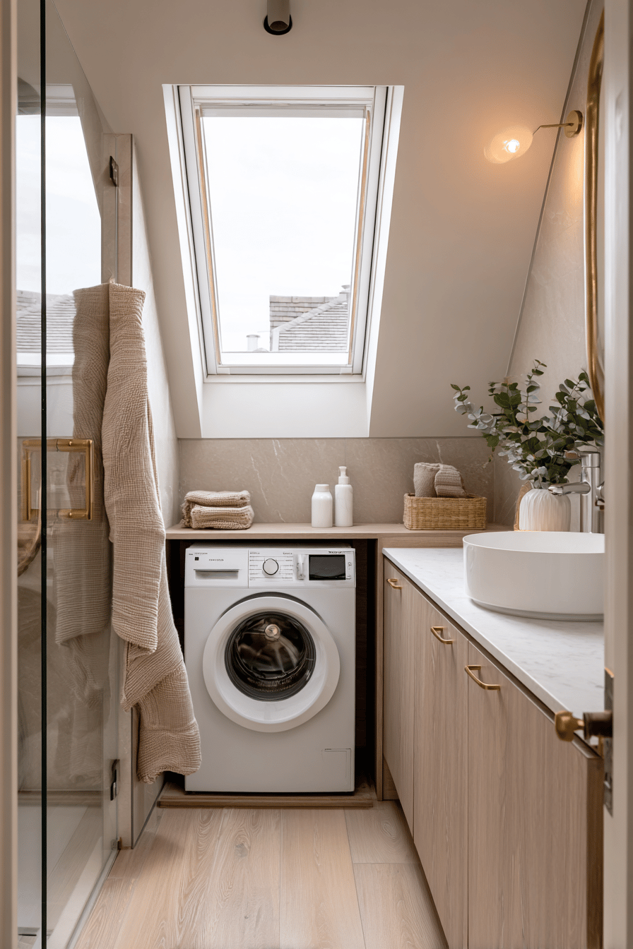 Waschmaschine unter einem Dachfenster im stilvollen Badezimmer integriert
