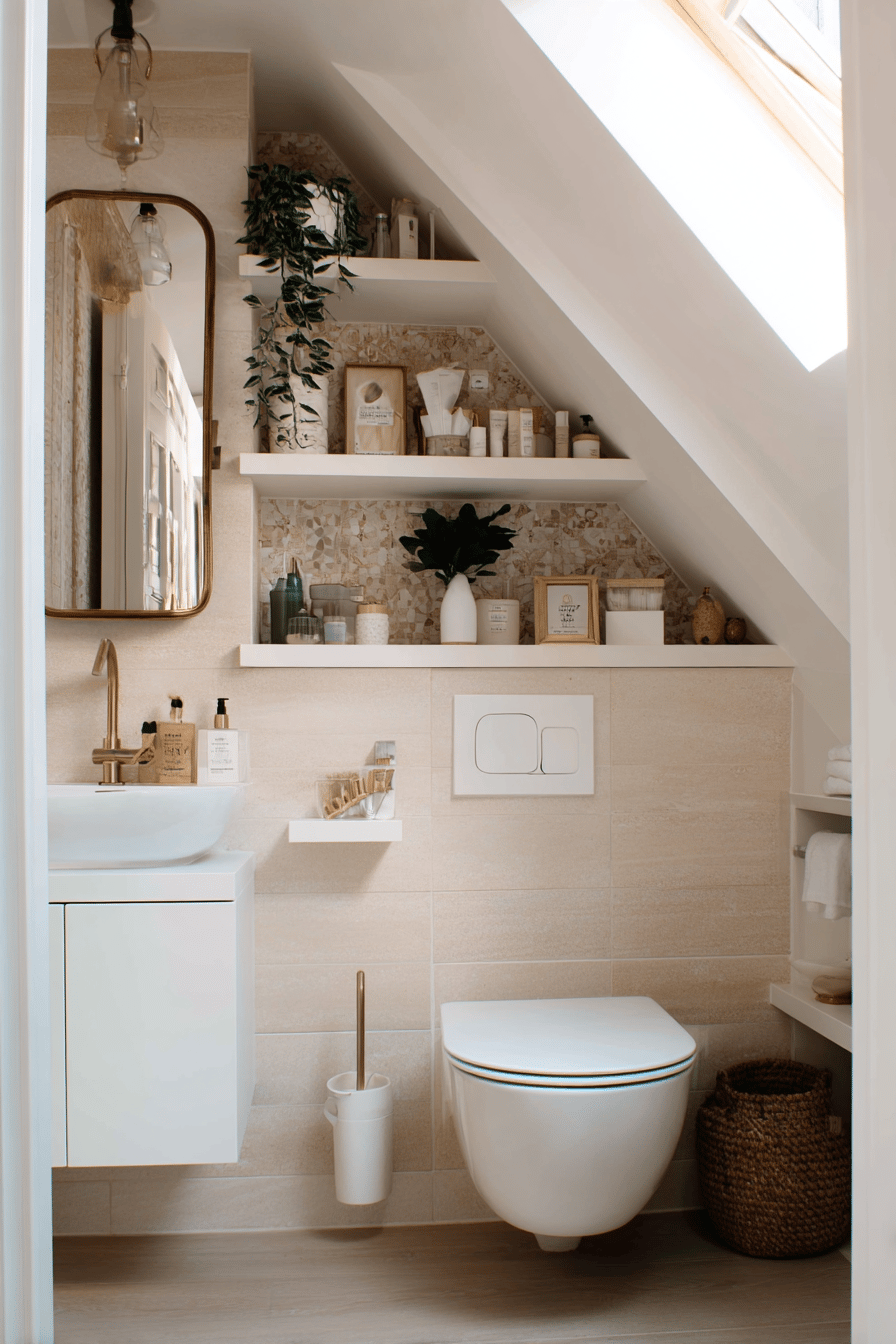 Modernes WC mit offenen Regalen unter einer Dachschräge