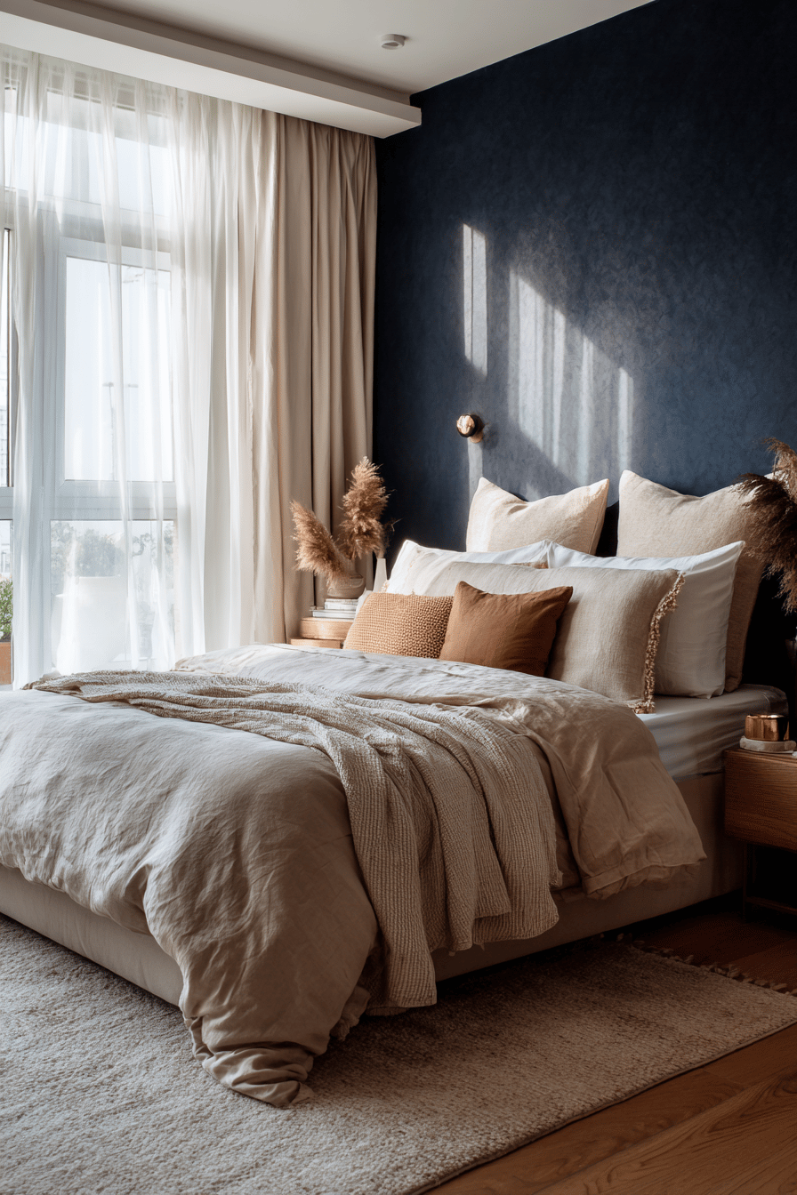 Modernes Schlafzimmer mit dunkelblauer Wand und sanfter Beleuchtung