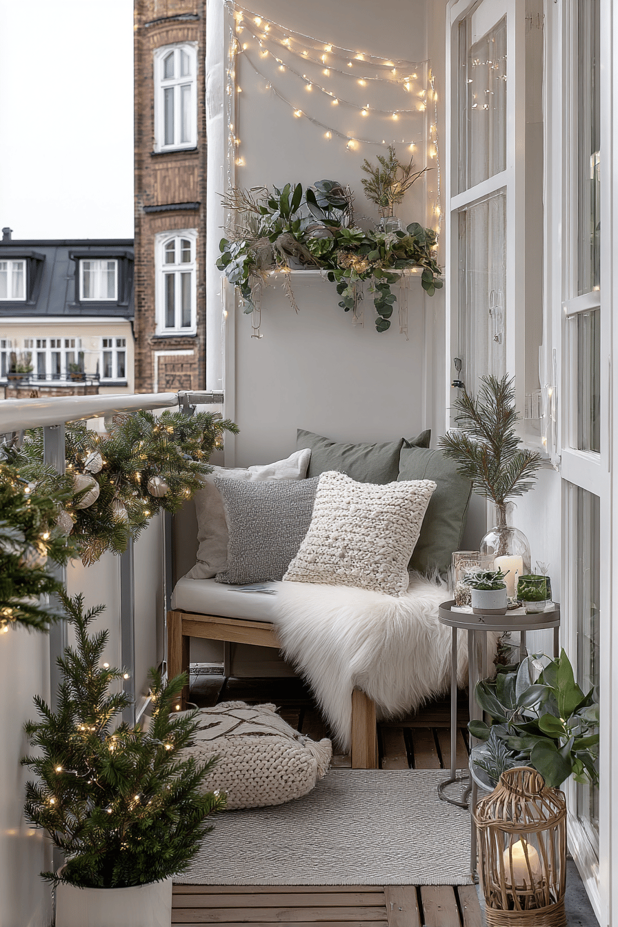 Gemütlicher Balkon festlich dekoriert mit Lichterketten, Kissen und Pflanzen.