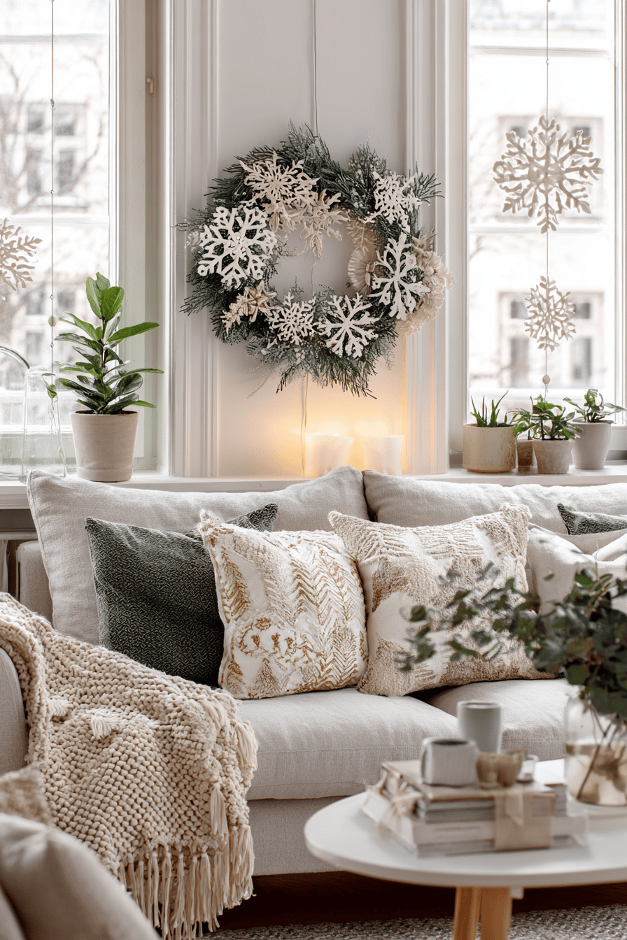 Ein gemütliches Wohnzimmer mit skandinavischem Weihnachtsstil, inklusive eines Kranzes und dekorativen Schneeflocken an den Fenstern.