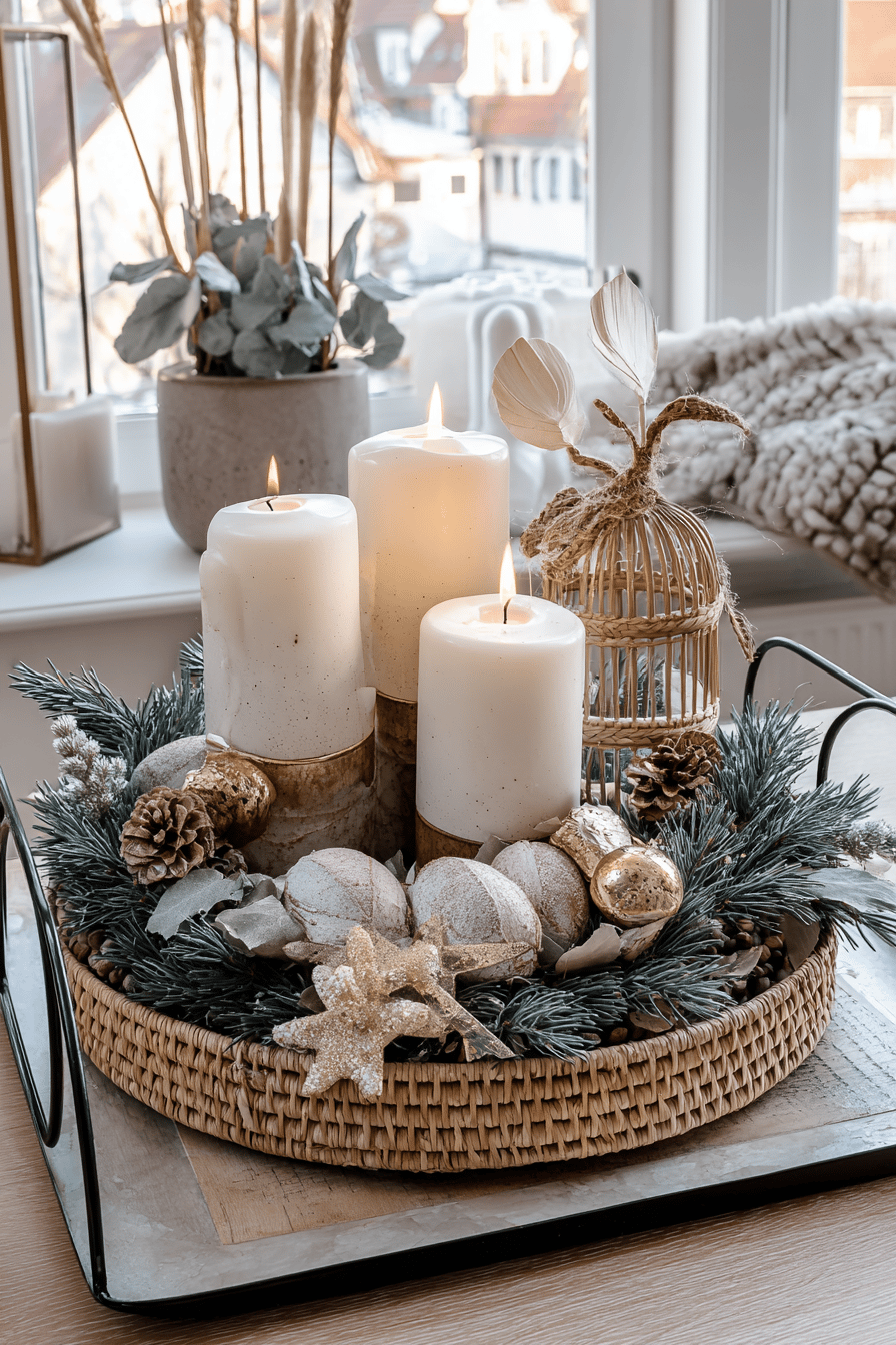 Ein weihnachtlich dekoriertes Tablett mit großen weißen Kerzen, Tannenzweigen und goldenen Akzenten.