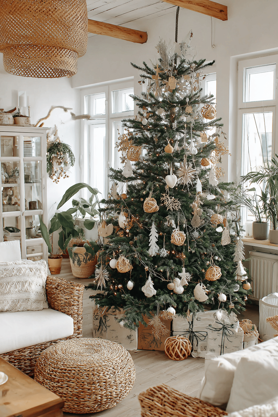 Ein weihnachtlich geschmückter Raum mit einem prächtig dekorierten Weihnachtsbaum, umgeben von Geschenken und gemütlichen Sitzgelegenheiten.