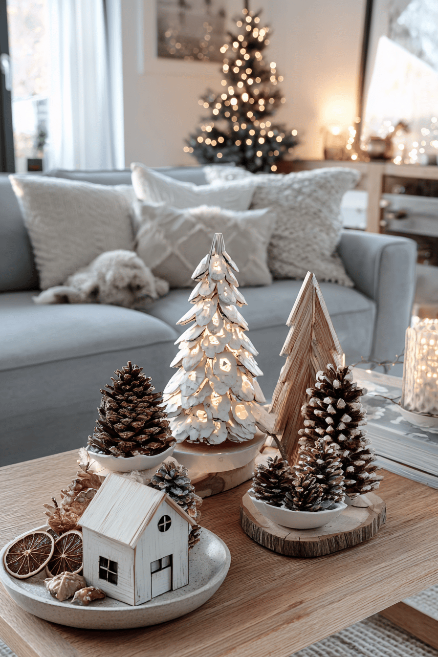 Wohnzimmer mit gemütlicher Weihnachtsdekoration aus natürlichen Materialien wie Kiefernzapfen und Holz.