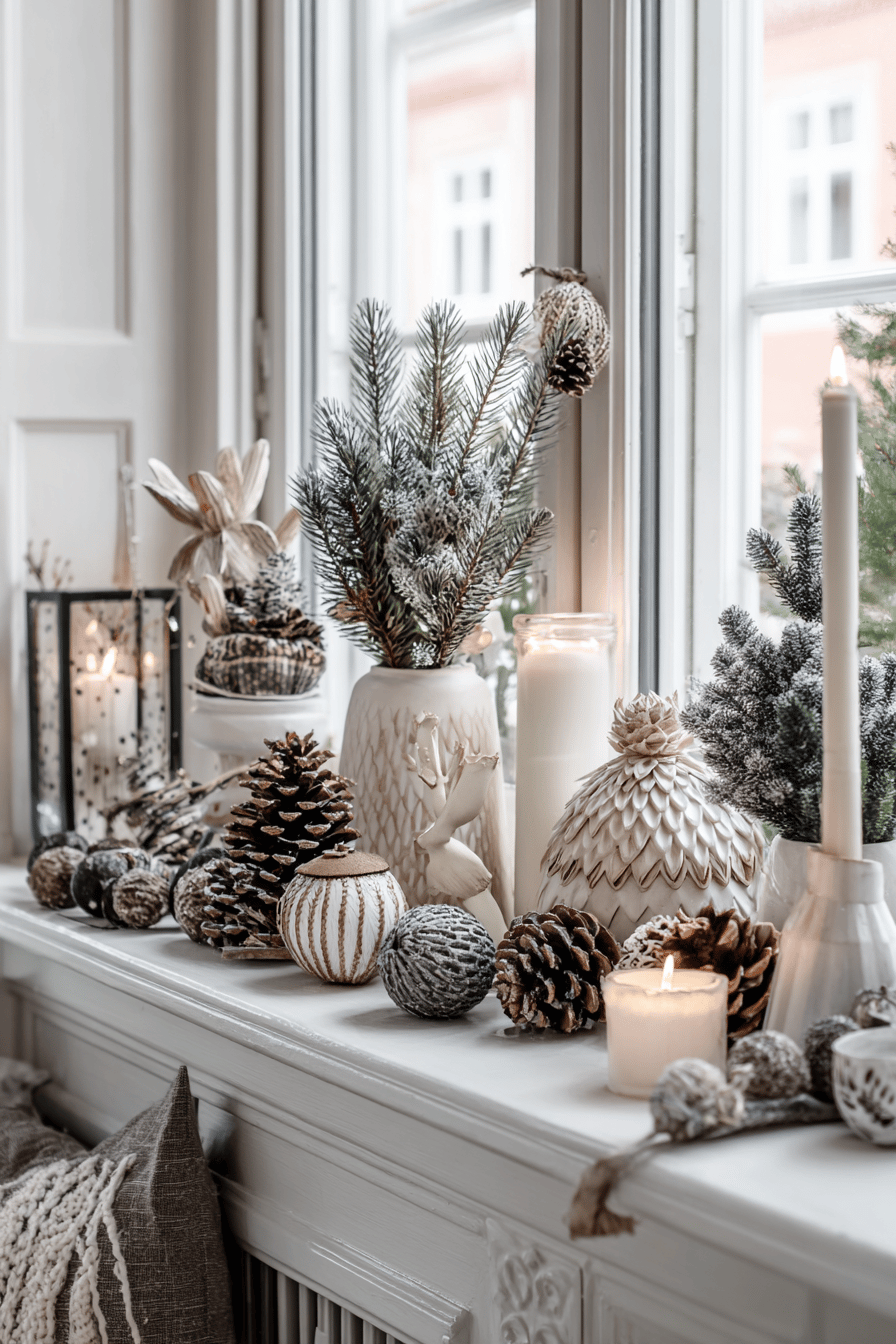 Eine weihnachtlich dekorierte Fensterbank mit Tannenzapfen, Kerzen und Zweigen.