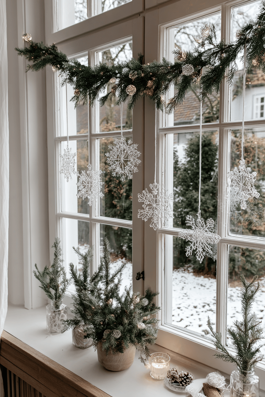 Ein Fenster dekoriert mit geschmückten Tannenzweigen und hängenden Schneeflocken.