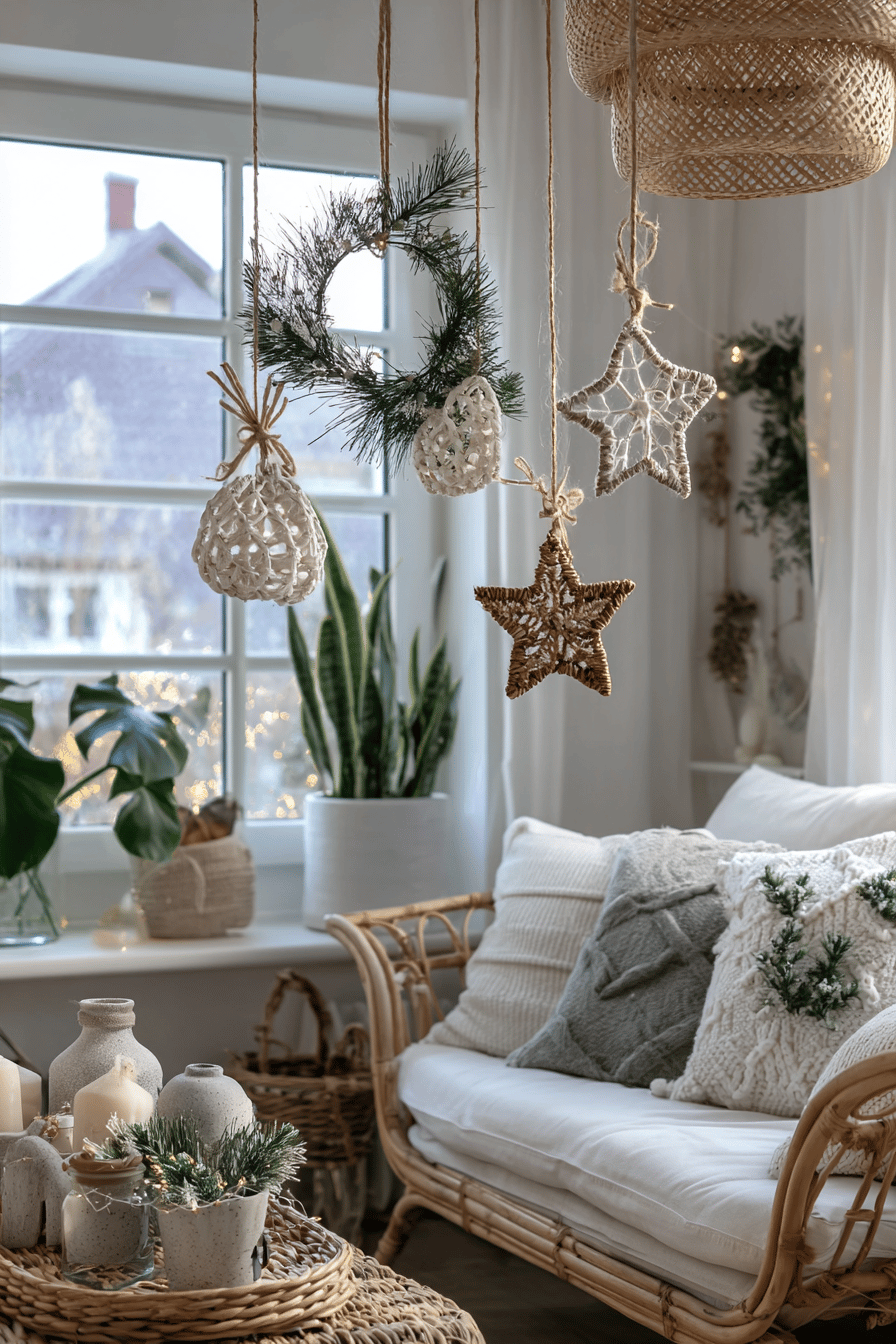 Hängedekorationen aus Naturmaterialien in einem gemütlich eingerichteten Wohnzimmer.