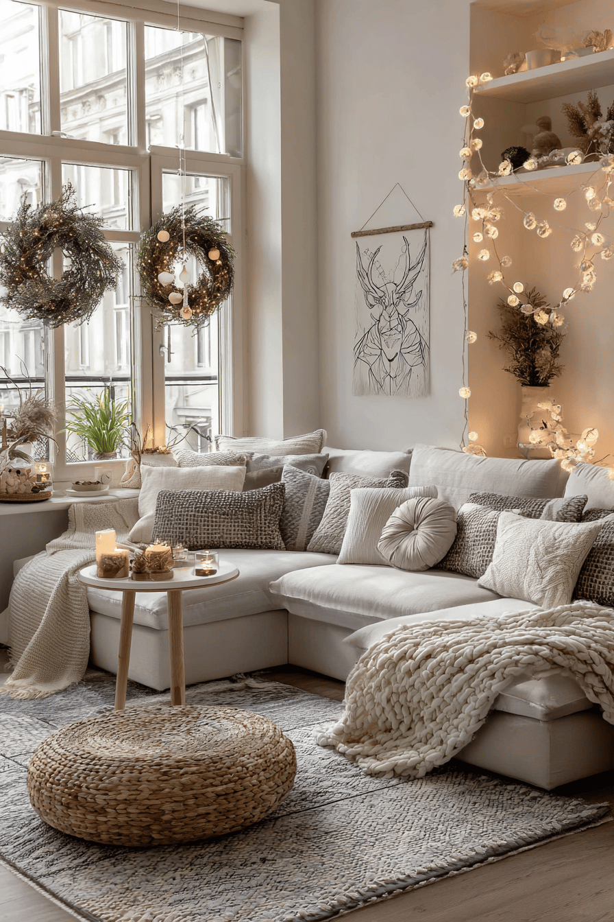 Ein gemütliches Wohnzimmer mit weihnachtlicher Dekoration, einschließlich Lichterketten, Kerzen und Kissen.