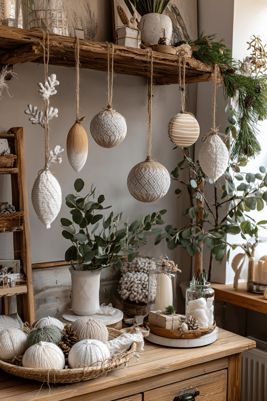 Skandinavische Weihnachtsdeko mit hängenden Ornamenten und natürlichen Elementen.