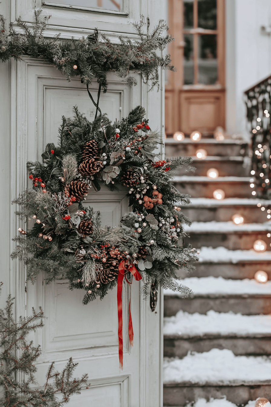 Ein weihnachtlicher Kranz mit Tannenzapfen, Beeren und roten Bändern schmückt eine Haustür.