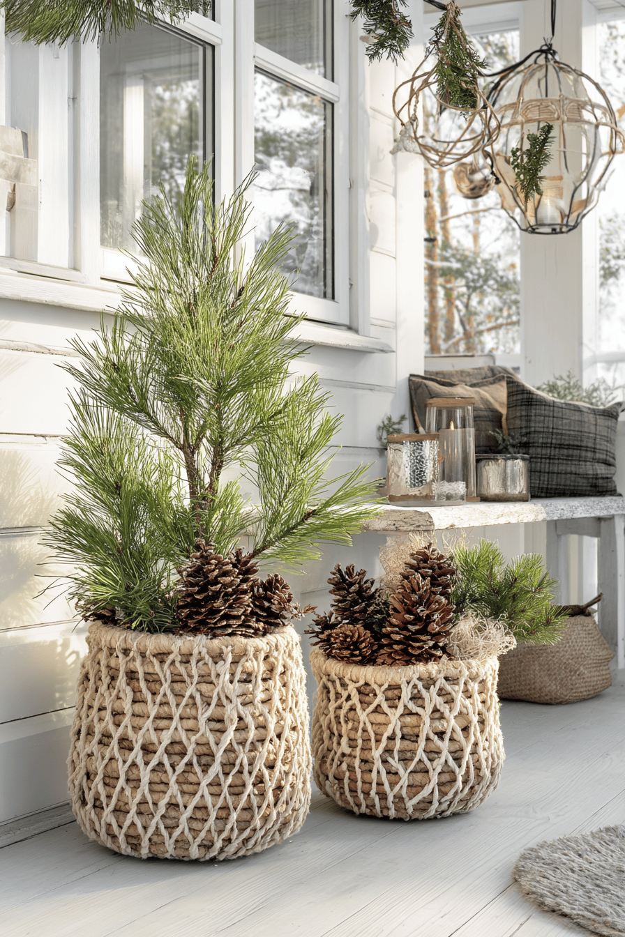 Weihnachtliche Körbe mit Tannengrün und Zapfen vor einem Haus.