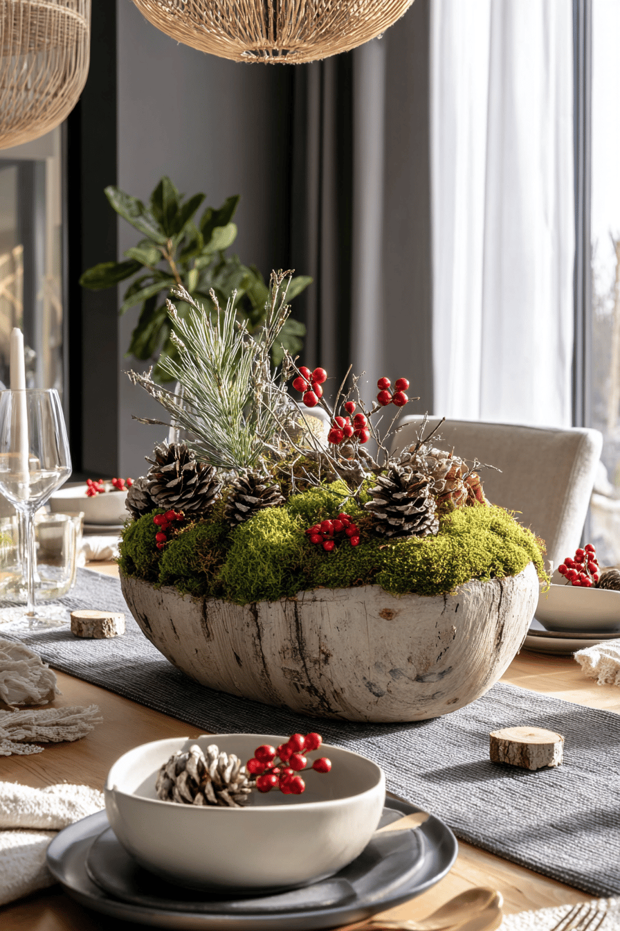Ein weihnachtlicher Tisch mit natürlicher Dekoration aus Moos, Tannenzweigen und Zapfen.