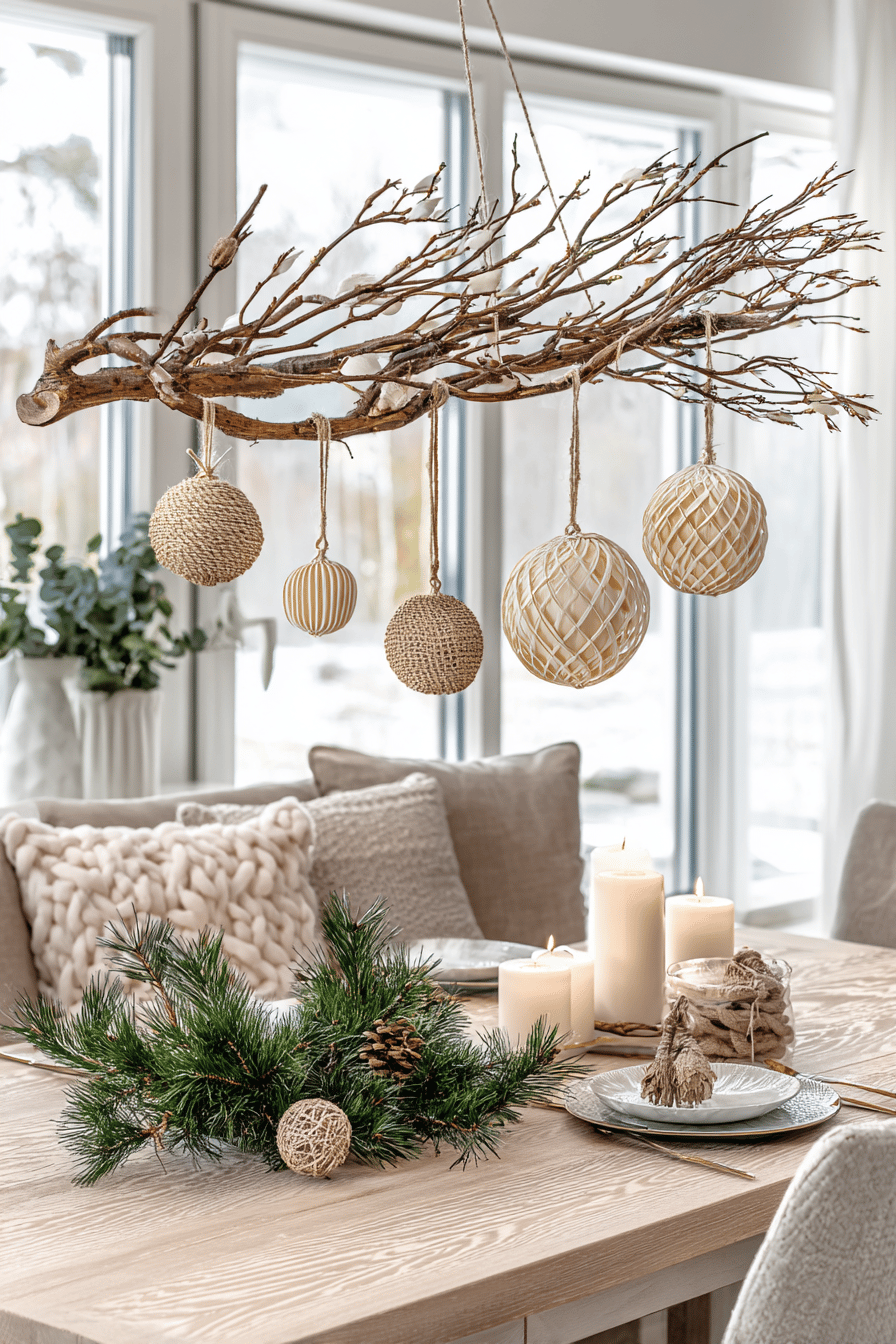 Ein Tisch dekoriert mit einem natürlichen Ast, hängenden Kugeln und grünen Zweigen, ergänzt durch Kerzen.