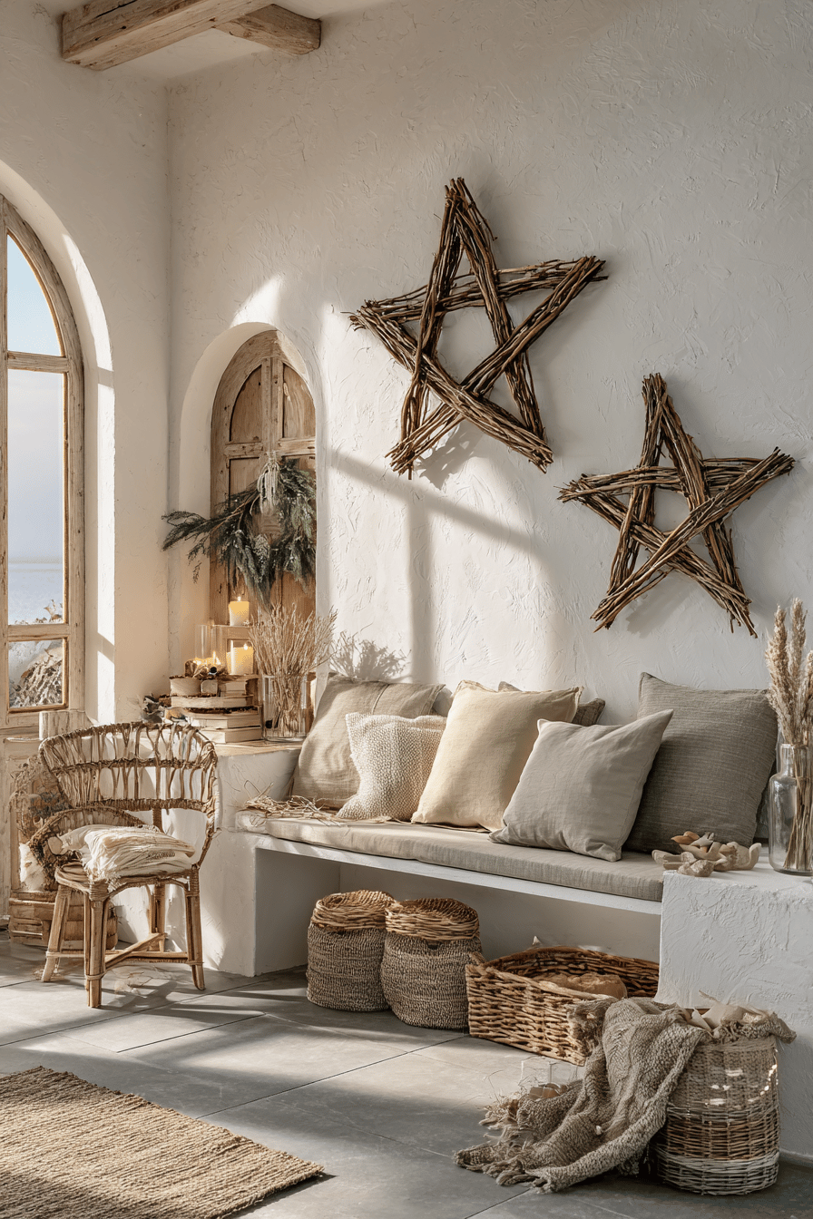 Gemütliches Wohnzimmer mit wandhängenden Aststernen als Weihnachtsdekoration.