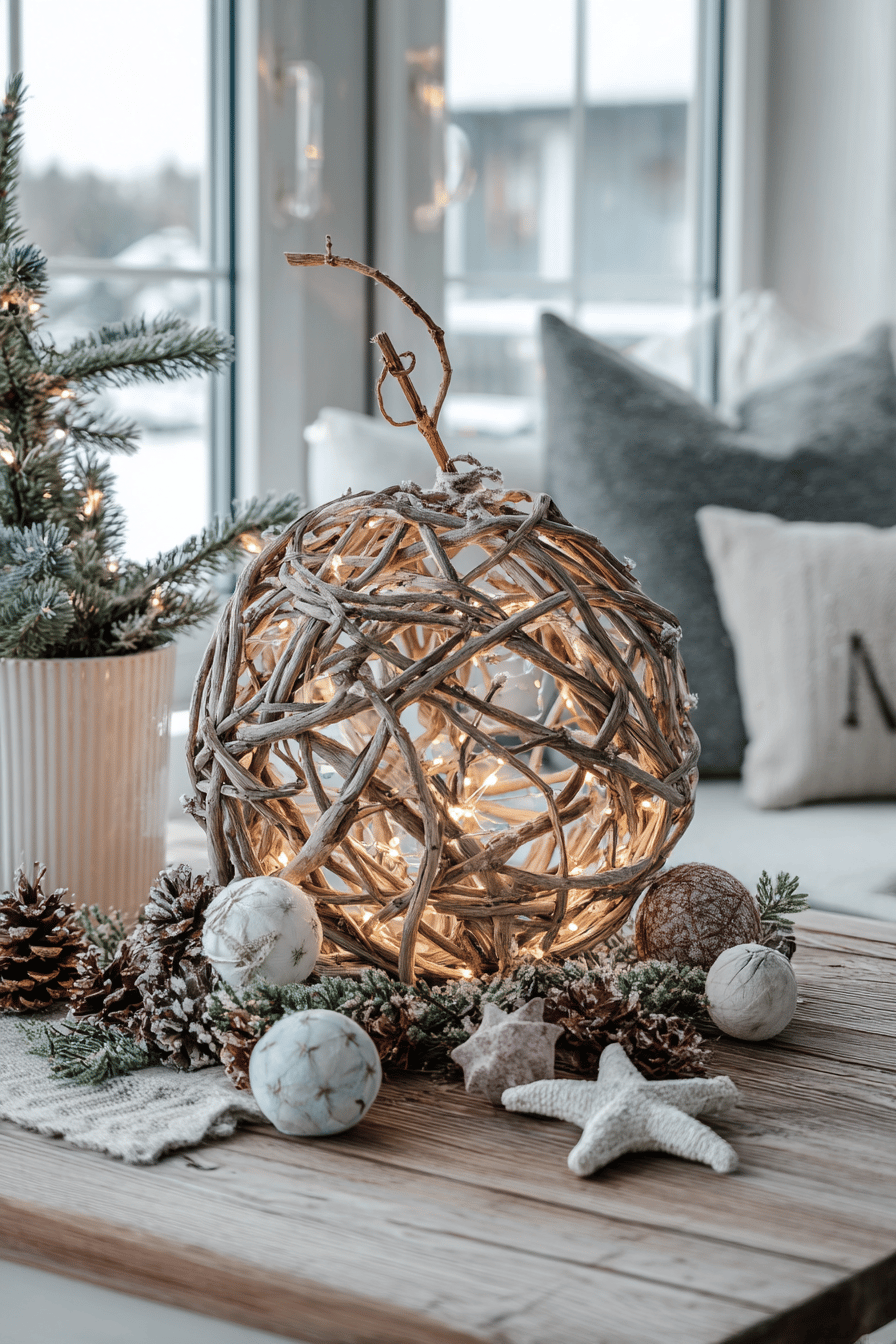 Leuchtende Astkugel auf einem Tisch, umgeben von Tannenzapfen und Weihnachtsschmuck.