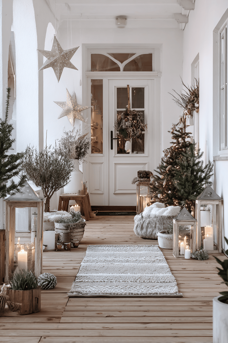 Ein weihnachtlich dekorierter Eingangsbereich mit Laternen, Lichterketten und Weihnachtsschmuck.
