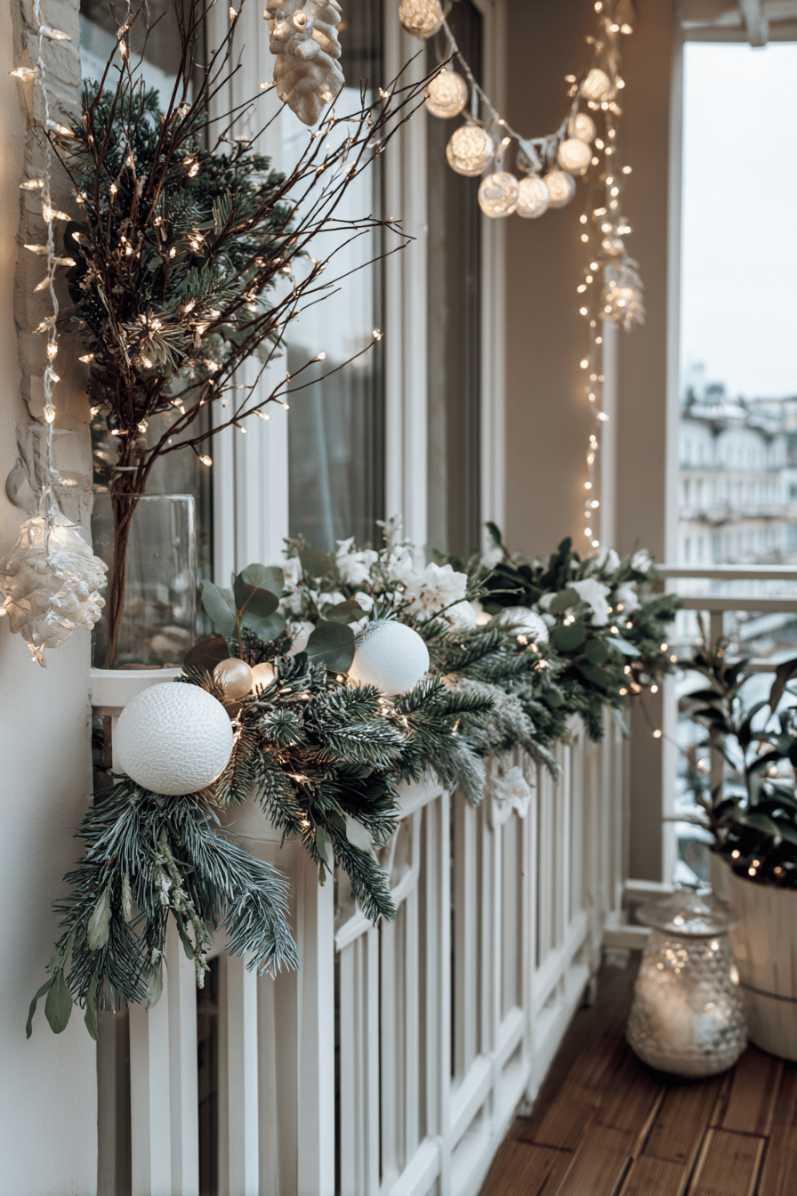 Weihnachtlich geschmücktes Balkongeländer mit Lichterketten und Dekoration.