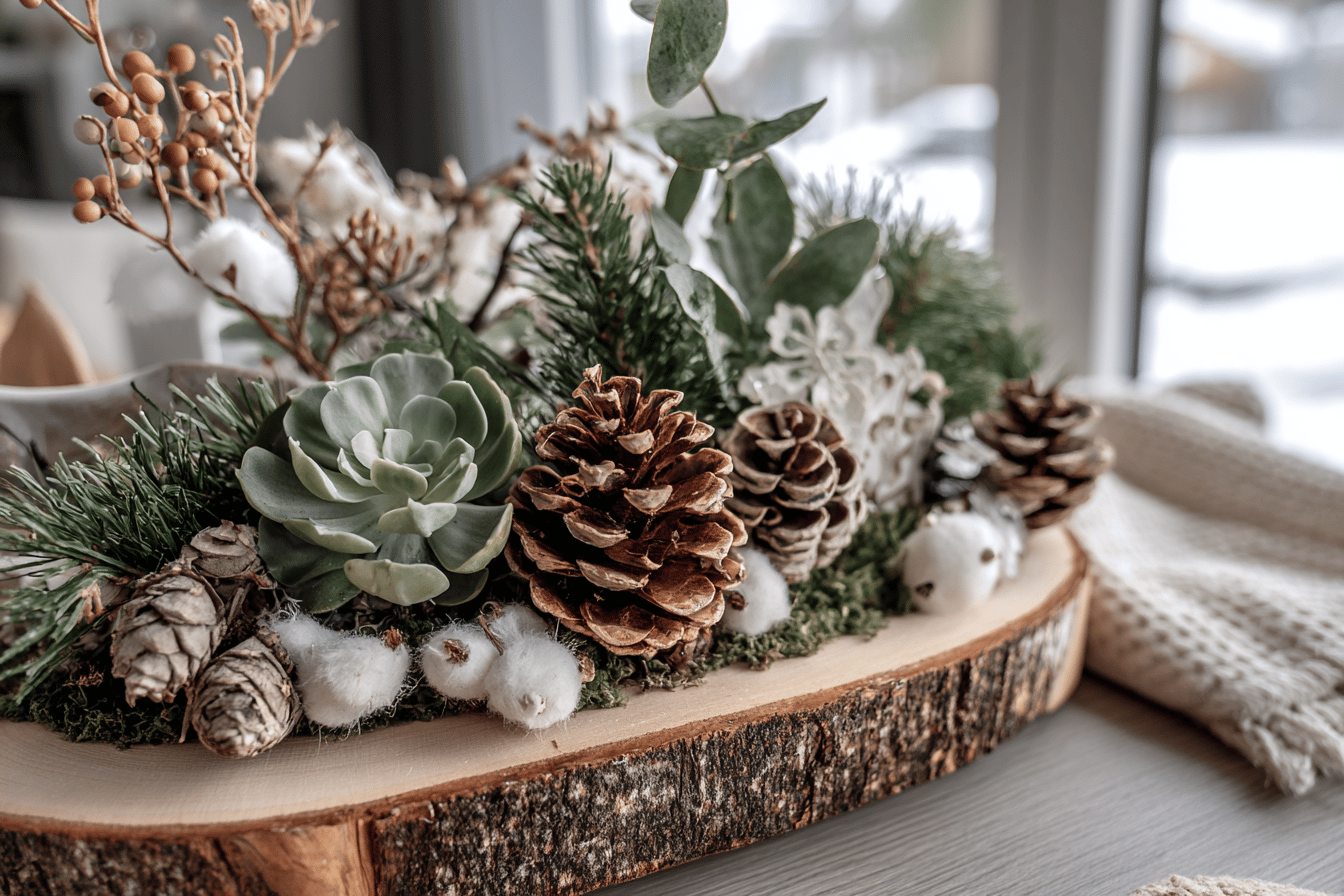 Winterliches Arrangement mit Tannenzapfen und Grün.