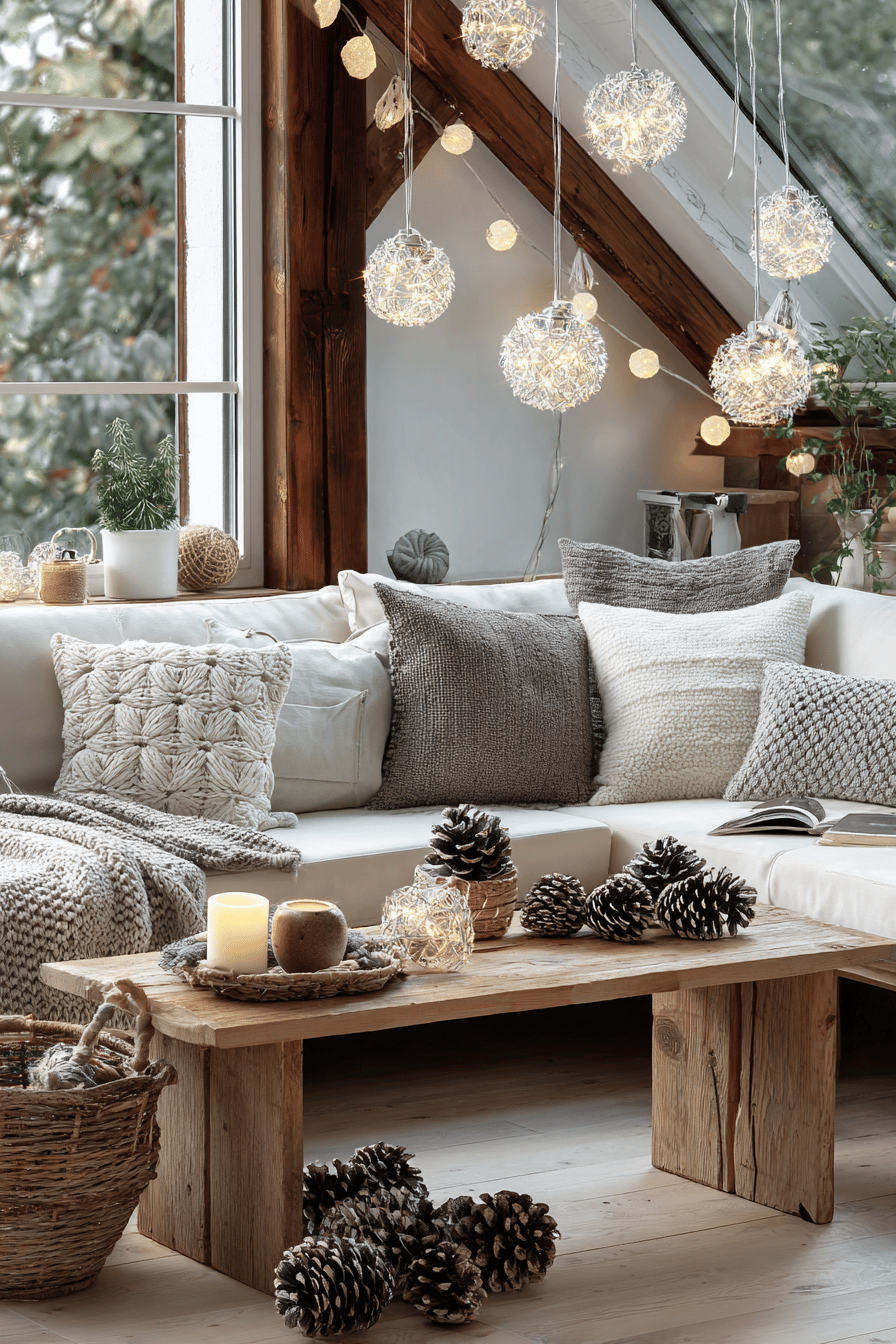 Gemütliches Wohnzimmer mit weihnachtlicher Dekoration, Lichterketten und Kissen.