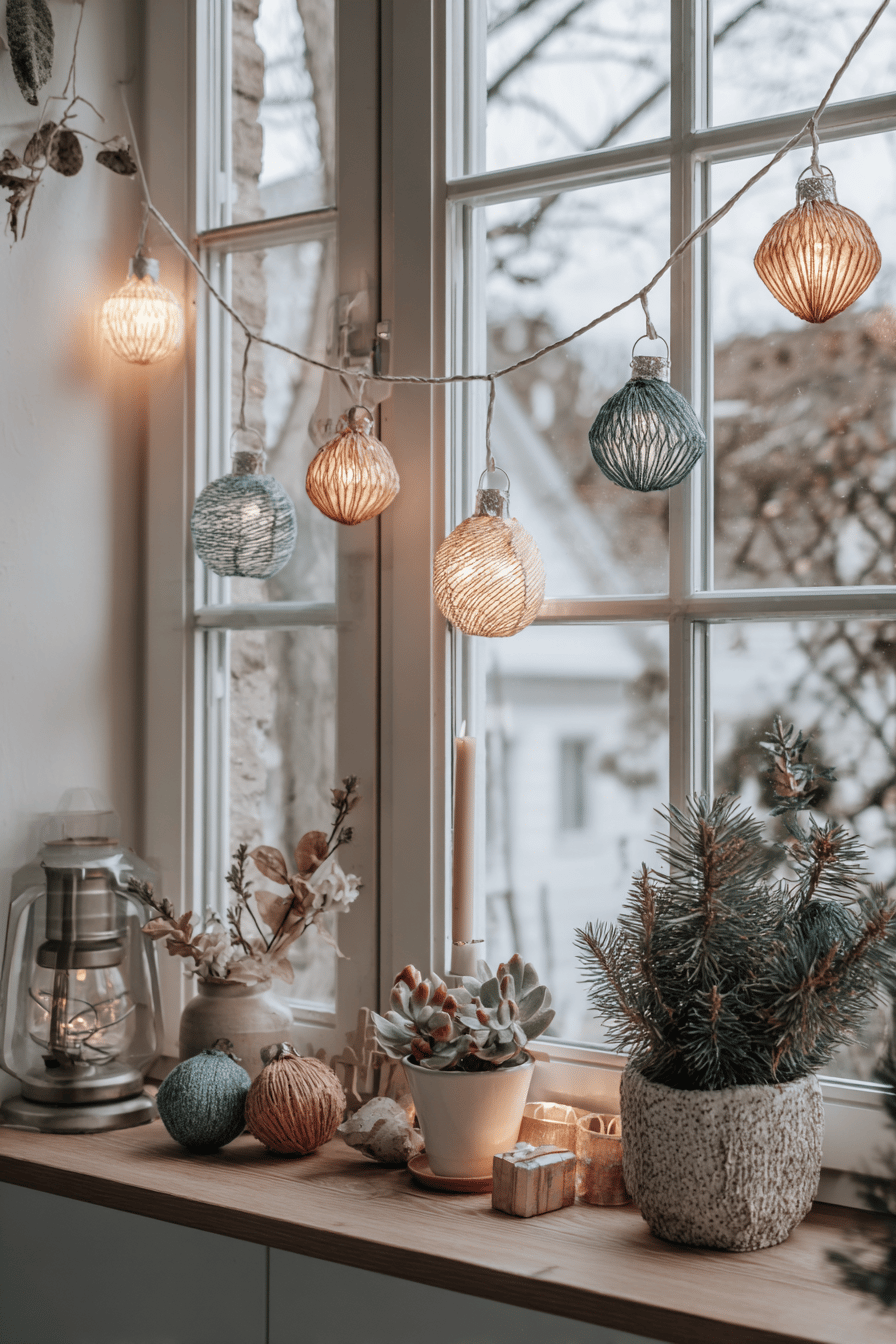 Fensterbank mit dekorativen Weihnachtslichtern und Pflanzen.