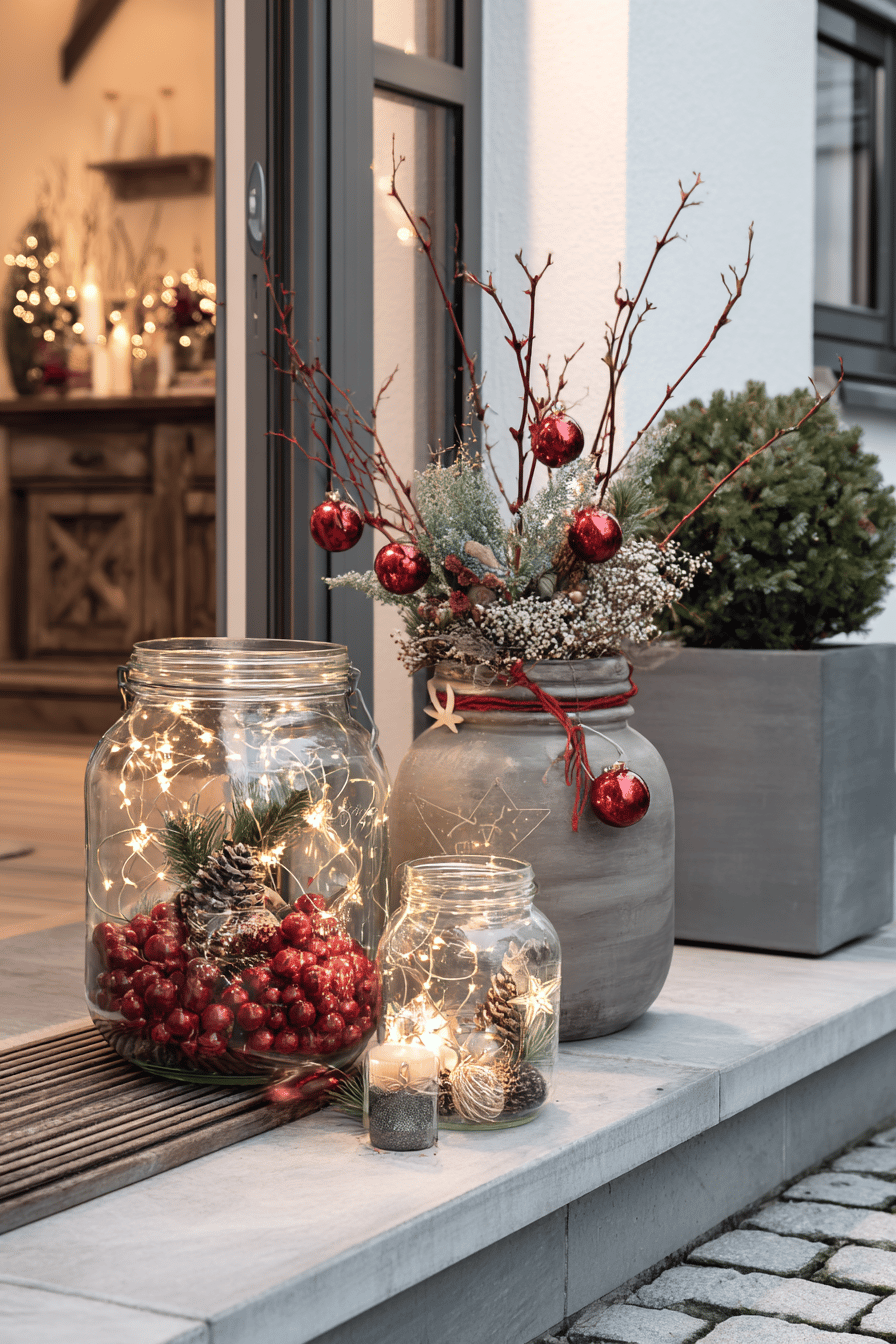 Weihnachtlich dekorierter Hauseingang mit roten und goldenen Accessoires in Gläsern.