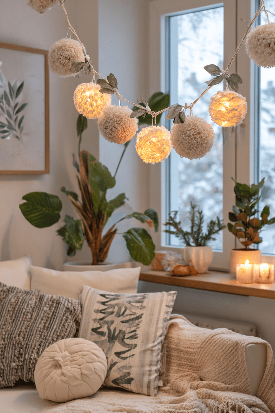 Gemütliches Wohnzimmer mit Girlanden aus Pompons und LED-Lichtern, umgeben von Kissen und Kerzen.