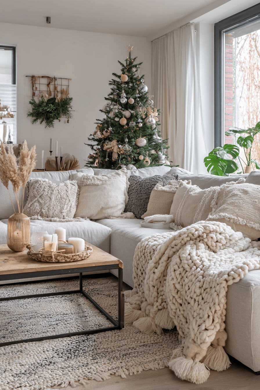 Gemütliches Wohnzimmer mit Weihnachtsbaum, Kerzen und Decken.