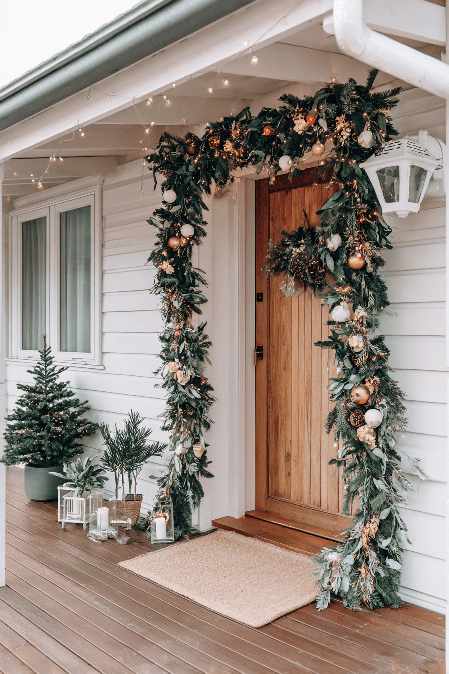 Weihnachtlich geschmückter Hauseingang mit Girlanden, Lichterketten und Dekoration.