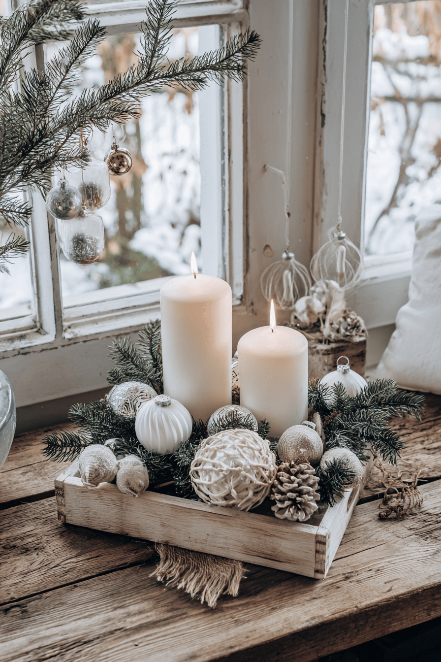 Ein festliches Kerzenarrangement mit weißen Kerzen und Deko auf einem Holztisch vor einem Fenster.